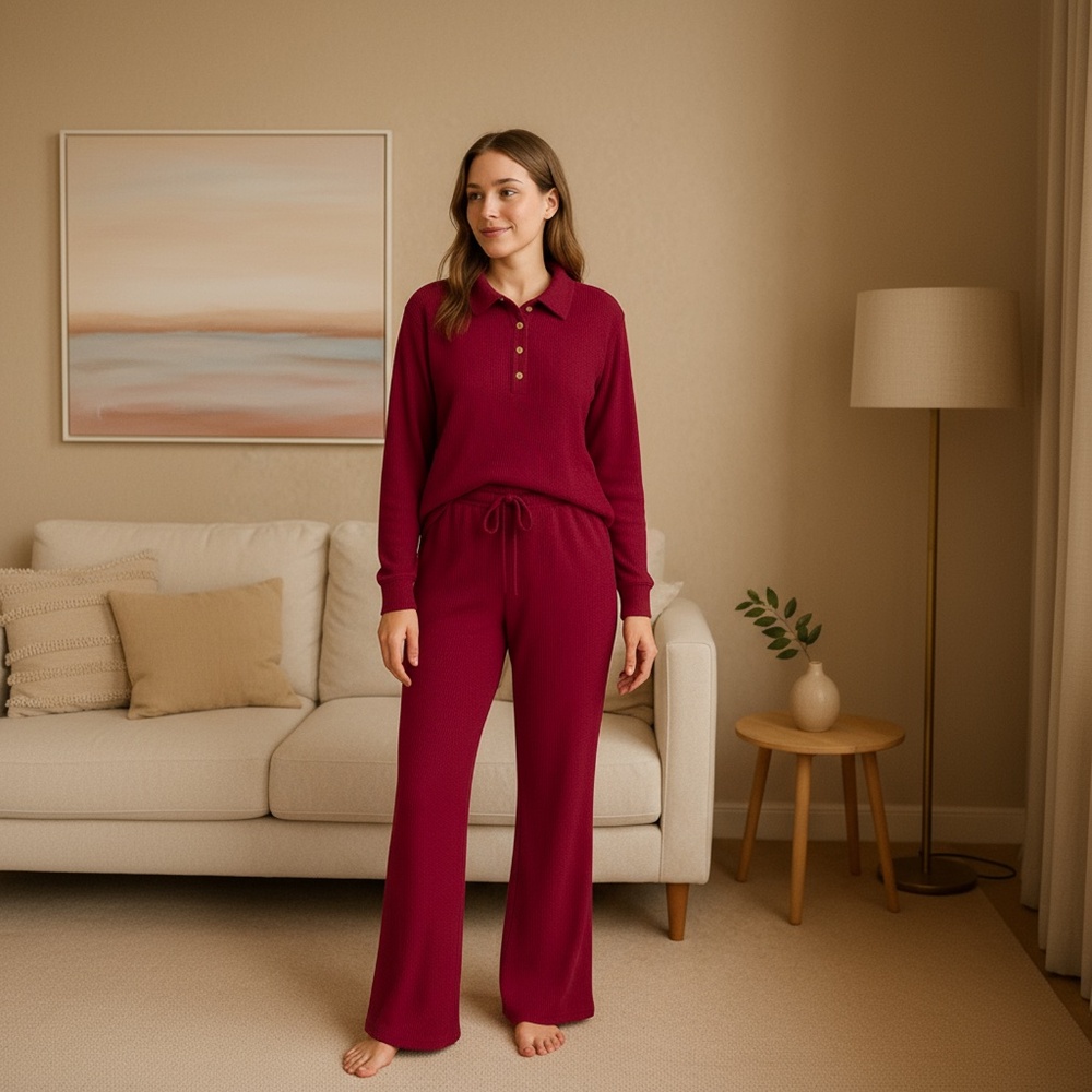 Frolitre Burgundy Waffle Knit Lounge Set Size M Wide Leg Matching Set